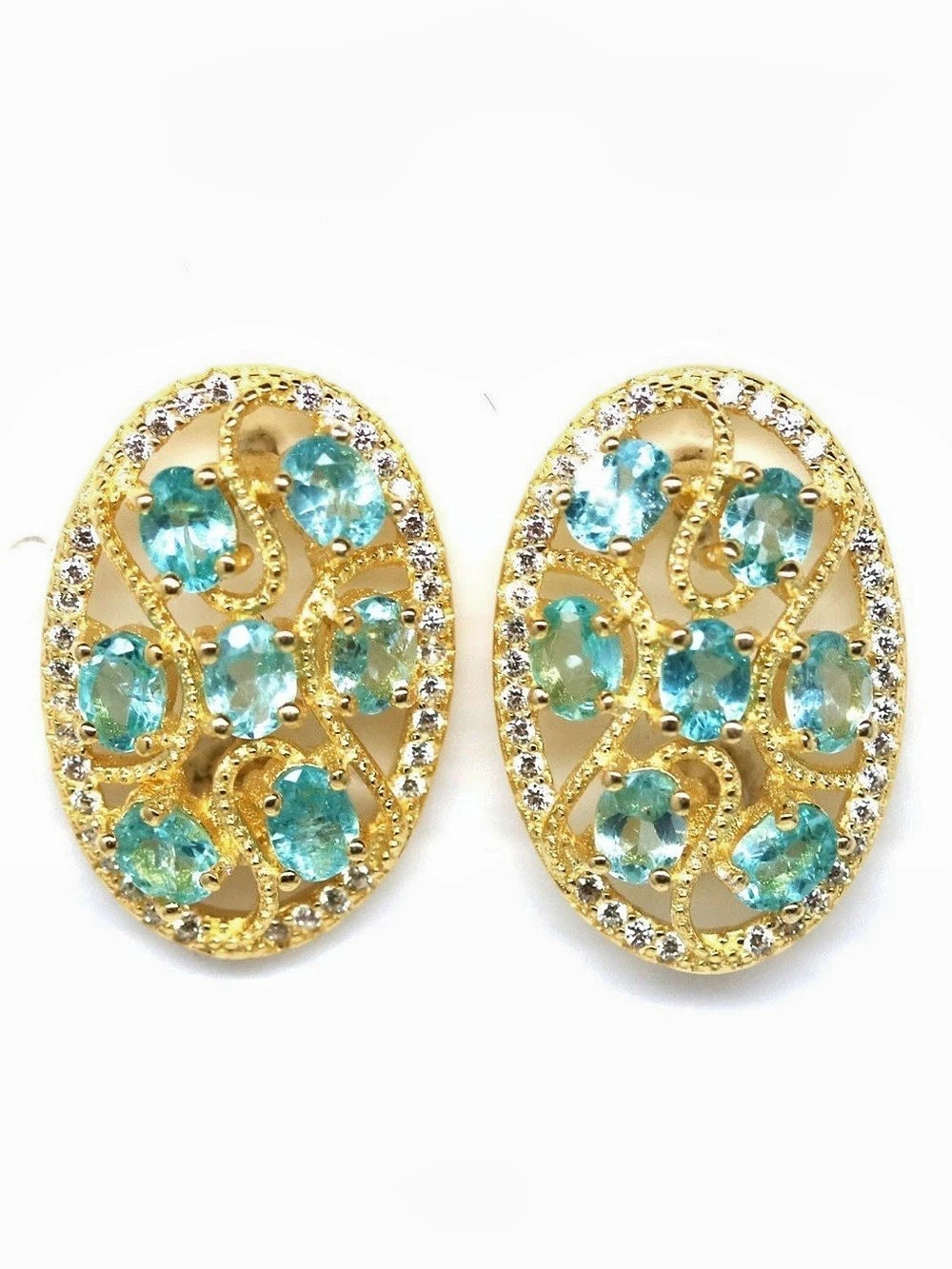 Stunning Natural 1.26CT Apatite Earrings 925 Sterling Silver w/ 18K Gold Overlay